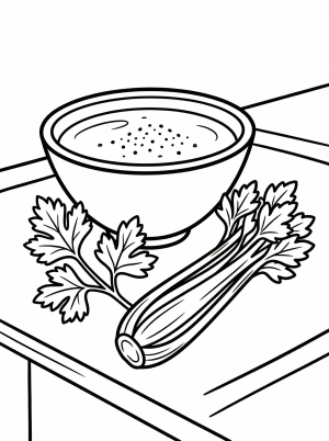 An outline drawing suitable for coloring featuring parsley sprigs and celery stalks arranged beside a bowl filled with salt water, representing the Karpas ritual.