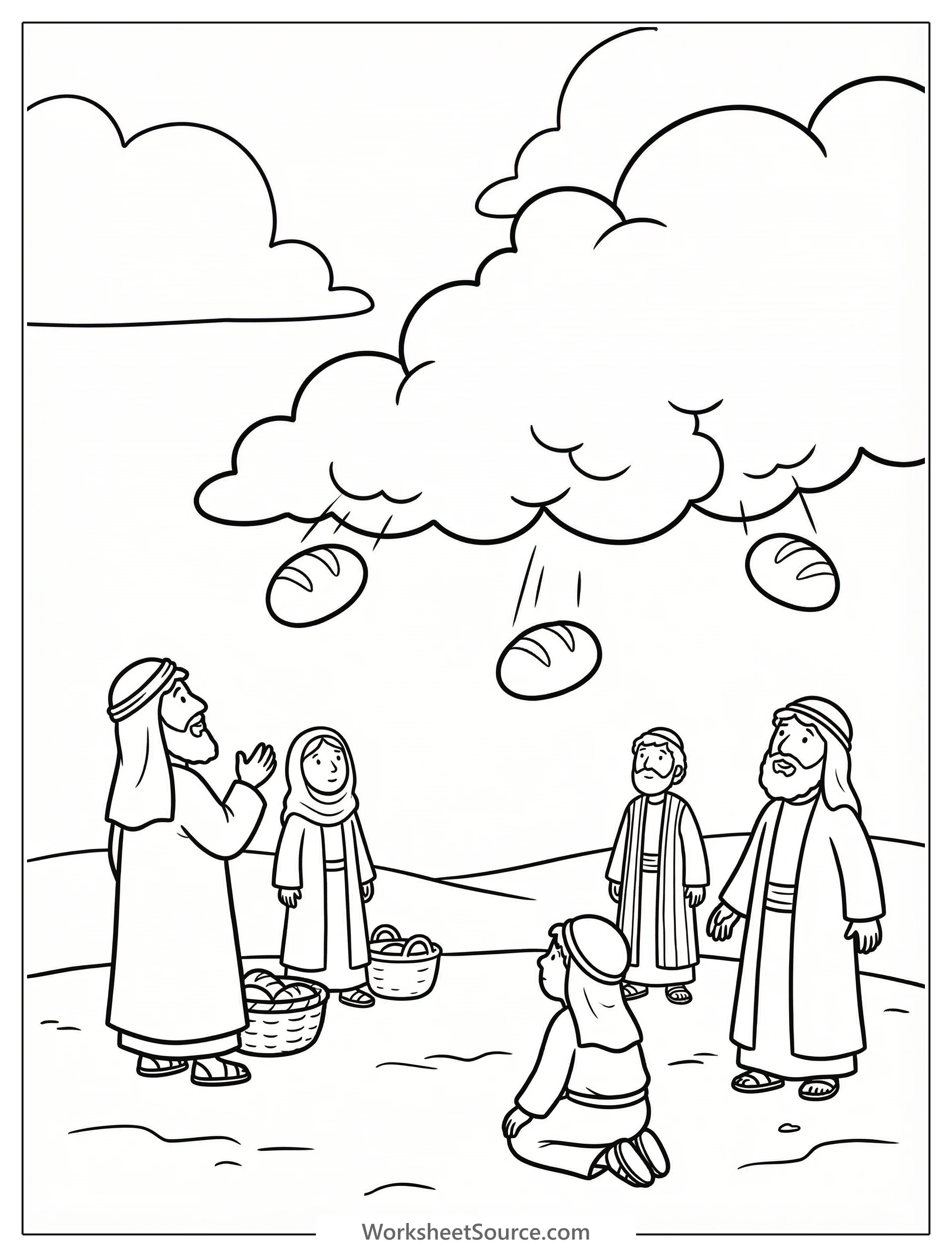Black and white outline coloring page depicting manna falling from the sky like bread, with Israelites in a desert landscape gathering it.
