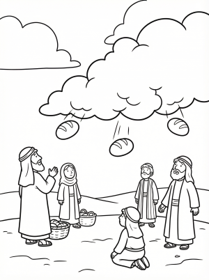 Black and white outline coloring page depicting manna falling from the sky like bread, with Israelites in a desert landscape gathering it.