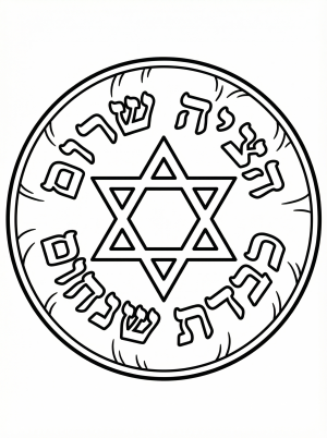Intricate embroidered matzah cover coloring page featuring a prominent Star of David, decorative patterns, and Hebrew letters, ready for creative coloring.