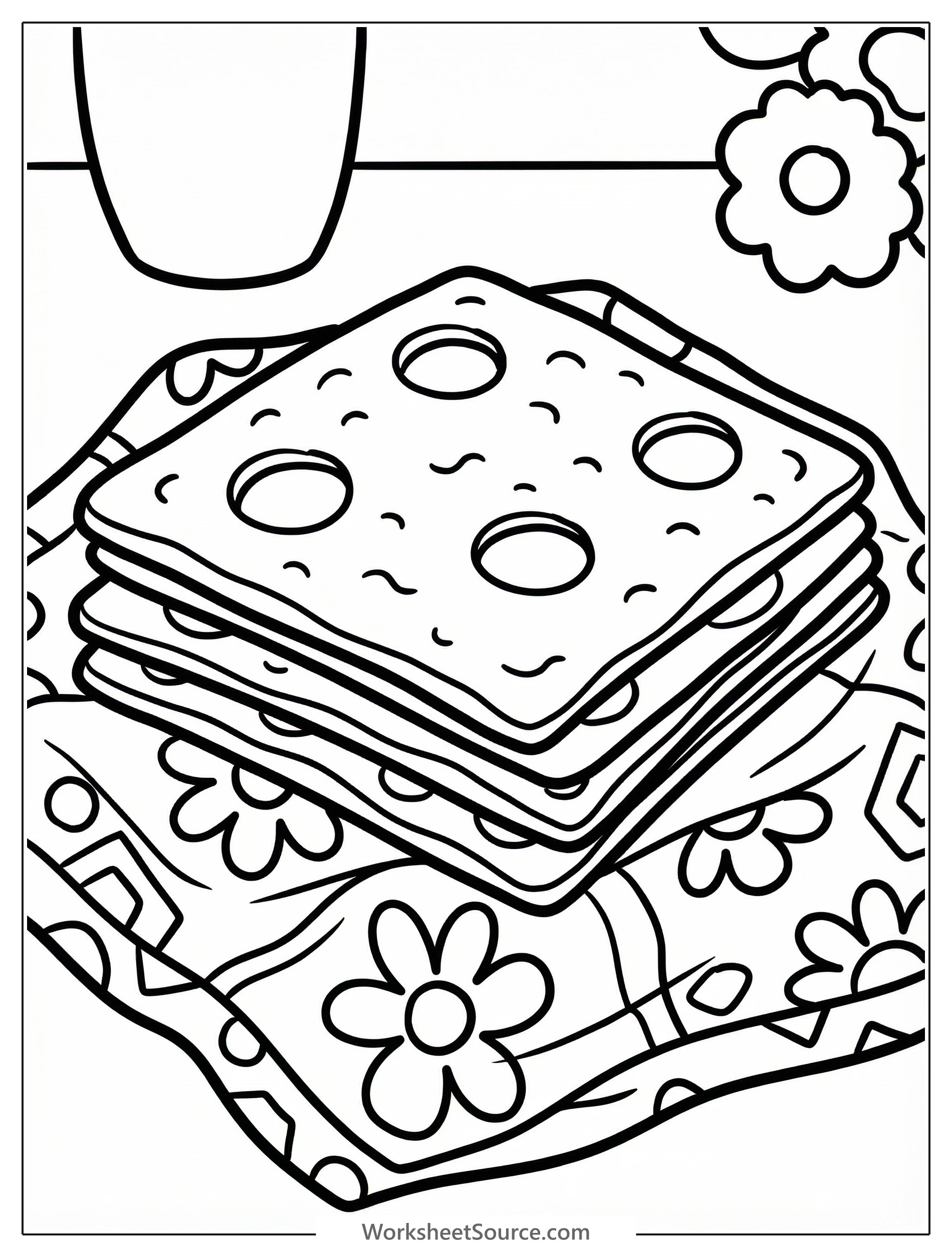 A detailed coloring page featuring a stack of three rectangular matzah sheets resting gently on a decorative cloth with an intricate pattern.