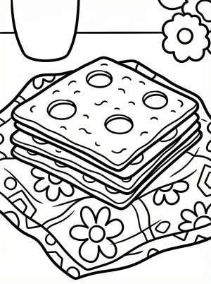 A detailed coloring page featuring a stack of three rectangular matzah sheets resting gently on a decorative cloth with an intricate pattern.