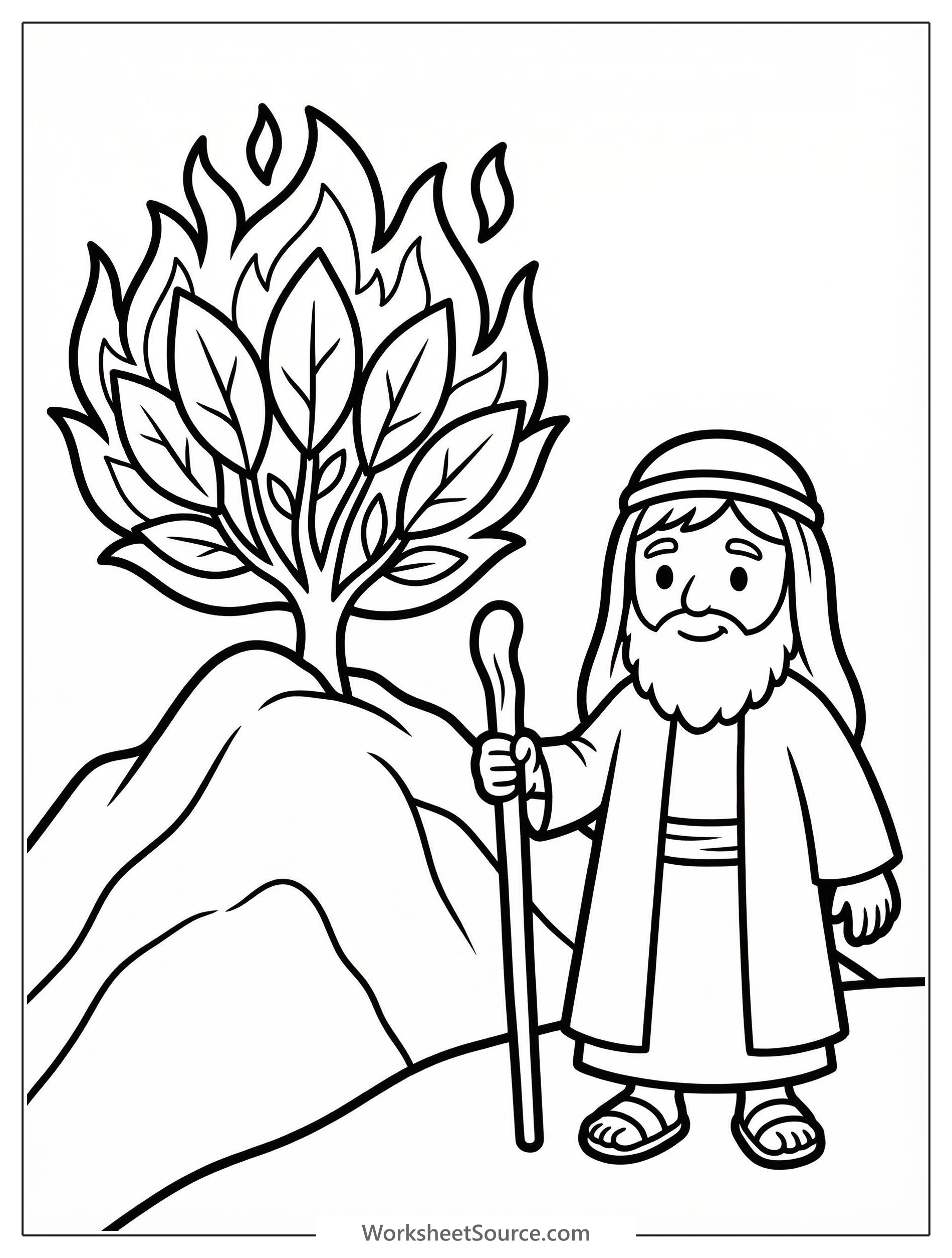 Moses standing before burning bush on mountain. coloring page for kids - black and white line art ready to print and color