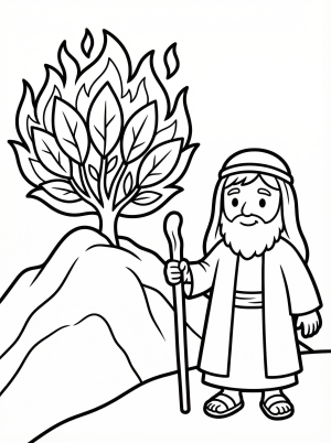 Moses standing before burning bush on mountain. coloring page for kids - black and white line art ready to print and color