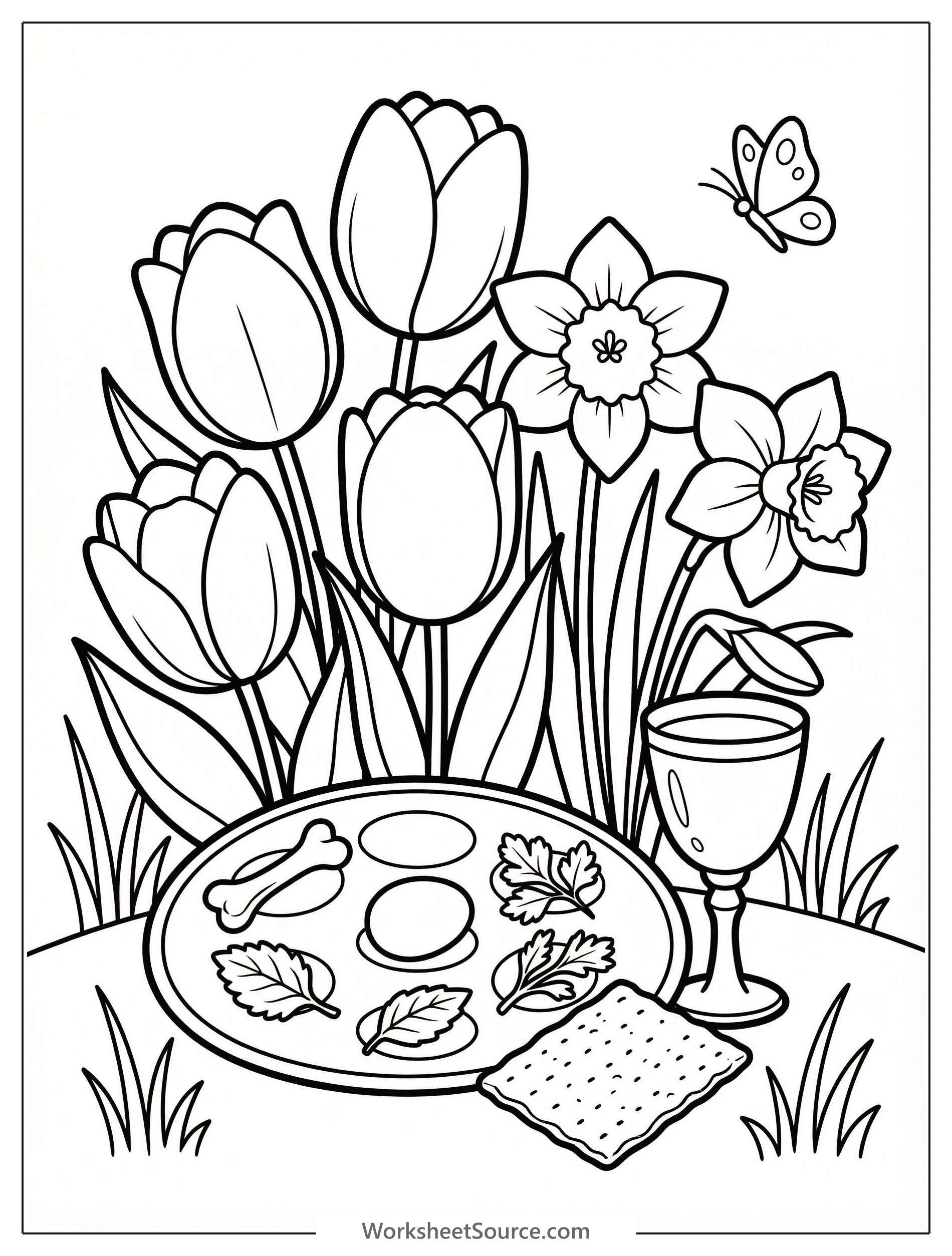 Line art of spring flowers including blooming tulips and daffodils, surrounding traditional Passover symbols such as a Seder plate, matzah, and an egg.