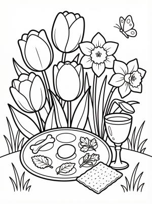 Line art of spring flowers including blooming tulips and daffodils, surrounding traditional Passover symbols such as a Seder plate, matzah, and an egg.