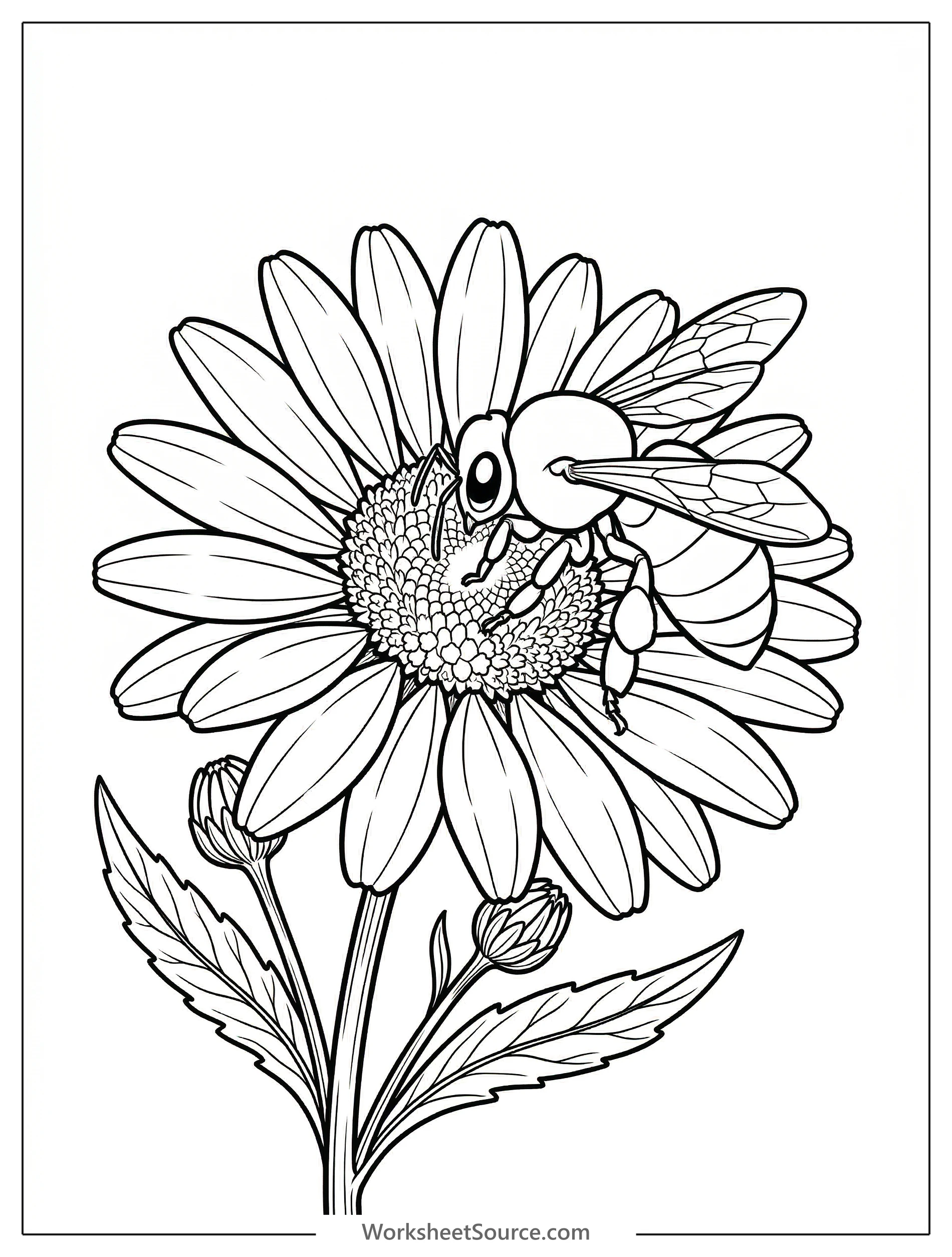 Detailed lofi aesthetic coloring page showing a busy bee gracefully collecting pollen from the center of a large, blossoming daisy flower.