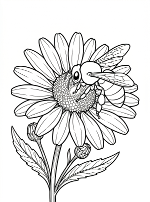 Detailed lofi aesthetic coloring page showing a busy bee gracefully collecting pollen from the center of a large, blossoming daisy flower.