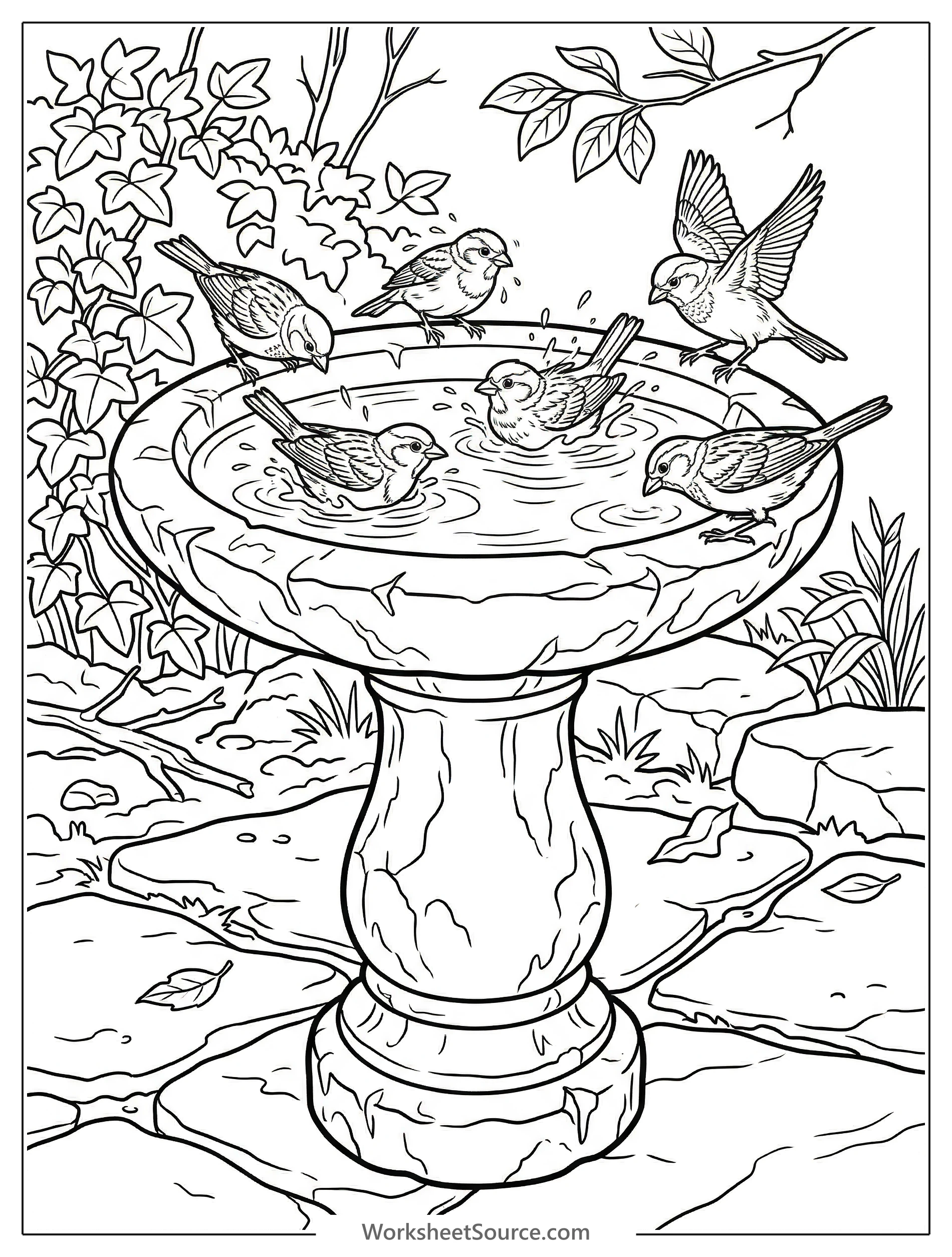 Line art coloring page featuring small, stylized lofi birds gathering around a stone bird bath, surrounded by foliage and soft natural elements.