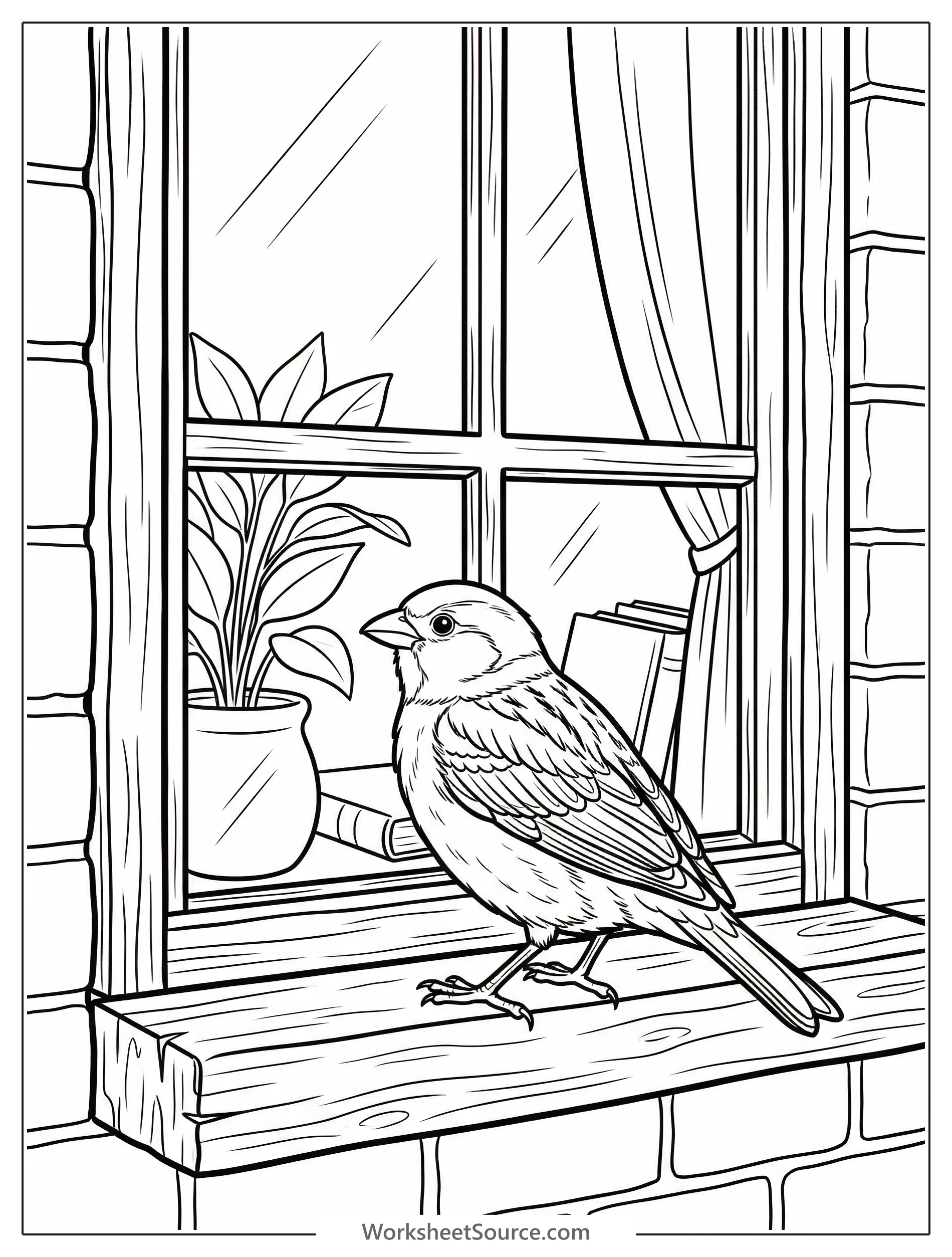 Detailed coloring page of a small, tranquil sparrow perched on a window ledge, looking contemplatively inwards, set against a simple, calming lofi aesthetic background.