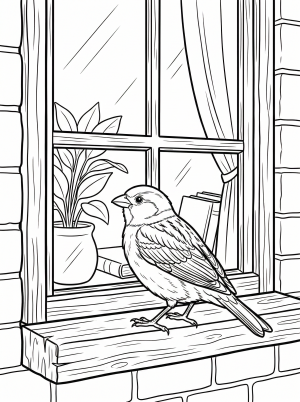 Detailed coloring page of a small, tranquil sparrow perched on a window ledge, looking contemplatively inwards, set against a simple, calming lofi aesthetic background.