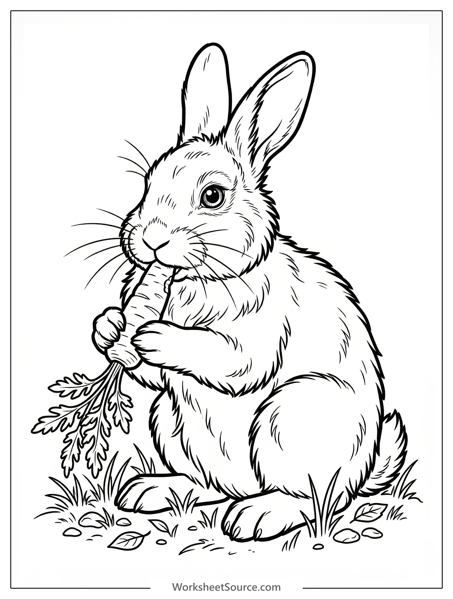 A charming fluffy bunny rabbit with soft fur gently nibbling on a carrot. The scene features a cozy Lofi aesthetic, perfect for relaxing adult coloring.