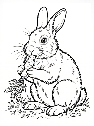 A charming fluffy bunny rabbit with soft fur gently nibbling on a carrot. The scene features a cozy Lofi aesthetic, perfect for relaxing adult coloring.