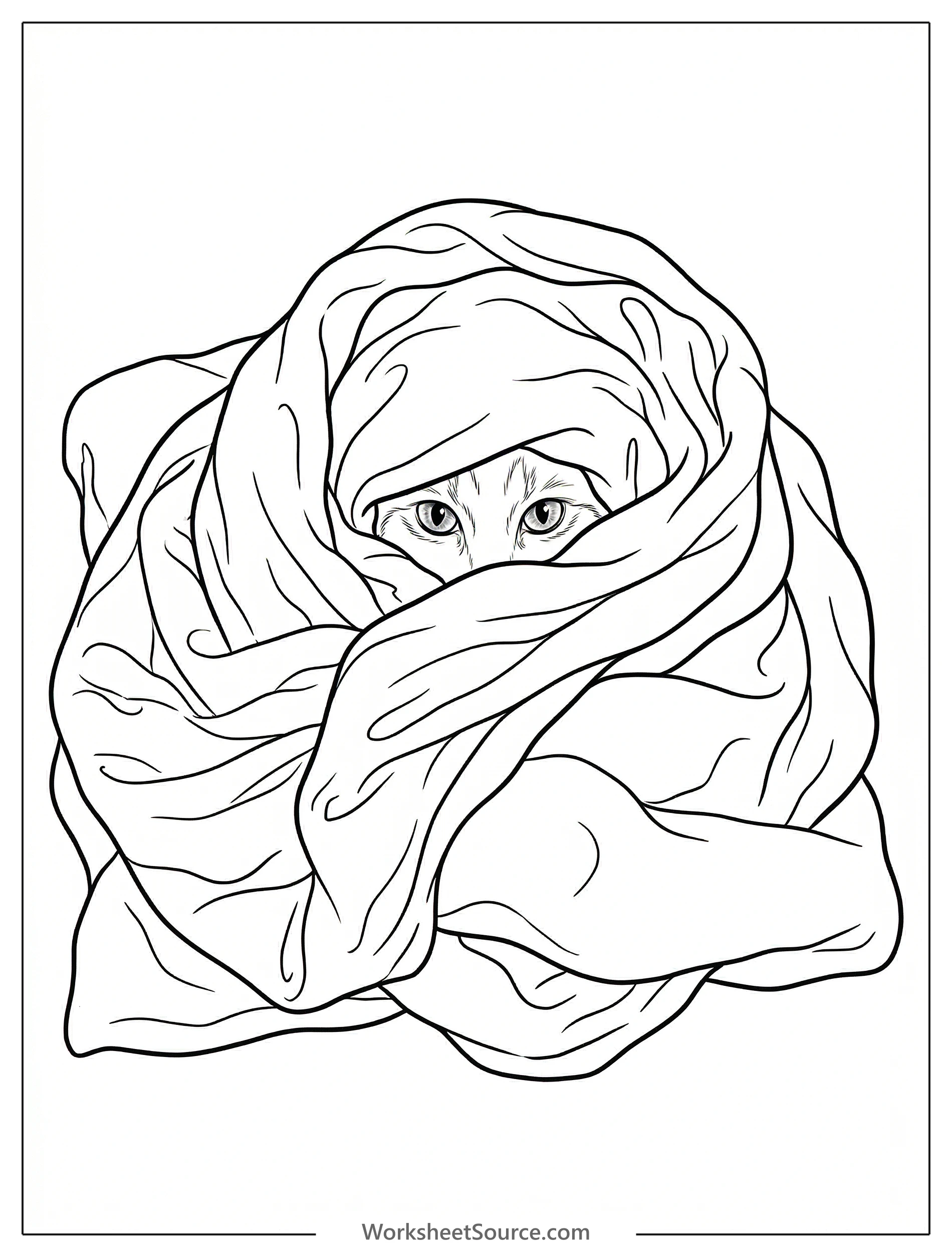 Lofi aesthetic coloring page featuring a cat deeply burrowed under a soft blanket, with only its expressive eyes subtly peeking out, evoking a sense of cozy calm and mystery.