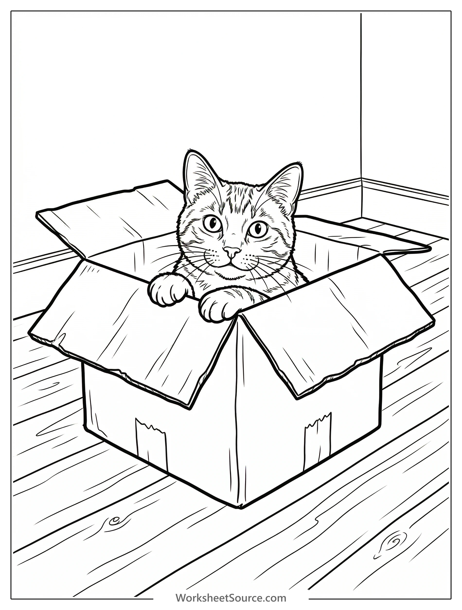 An illustration of a curious cat with large eyes peeking out from the top of an open cardboard box in a cozy lofi aesthetic style, ready for coloring.