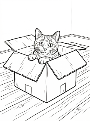 An illustration of a curious cat with large eyes peeking out from the top of an open cardboard box in a cozy lofi aesthetic style, ready for coloring.