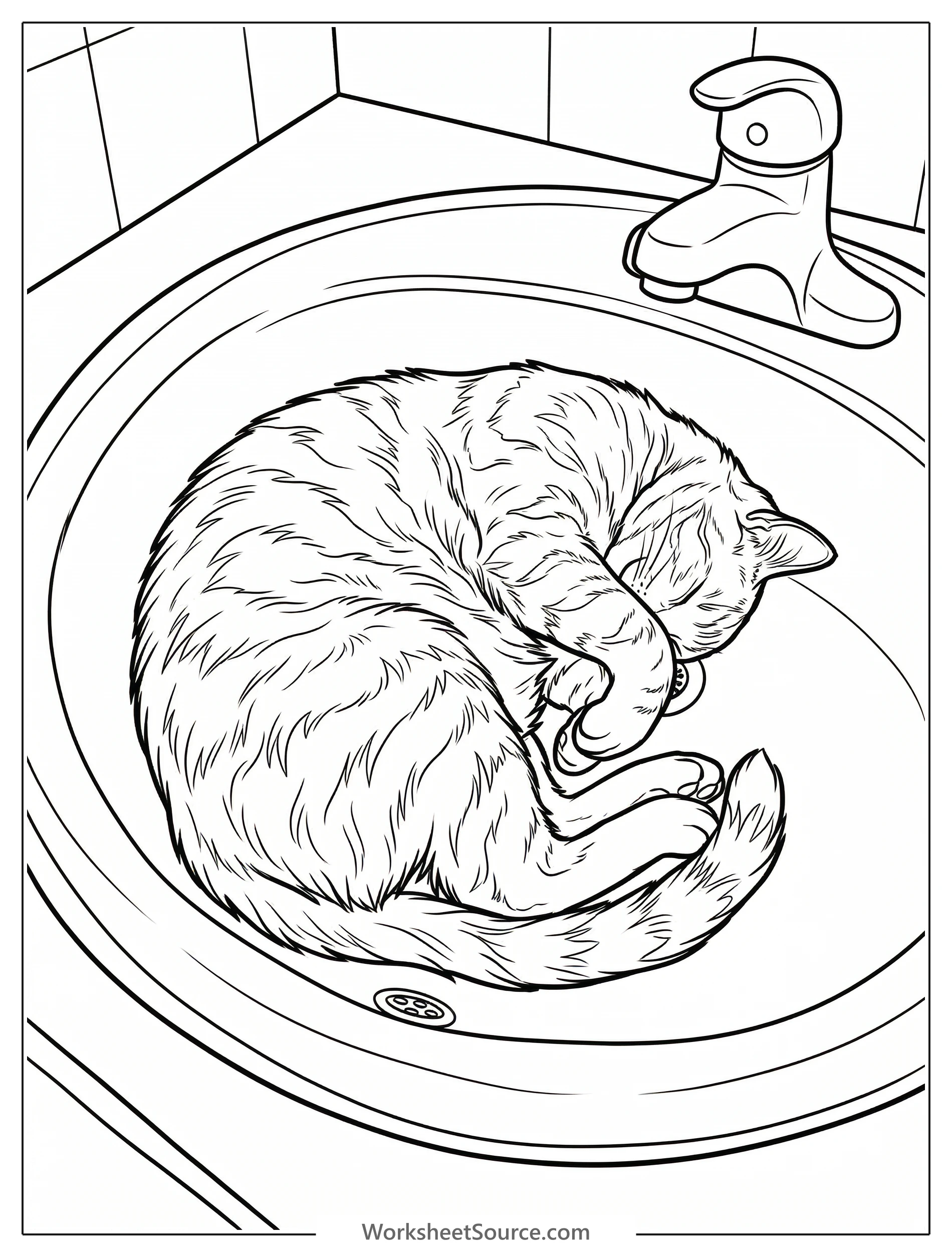 A cozy lofi aesthetic coloring page showing a content cat curled up asleep inside an empty ceramic sink, with soft, gentle lines.