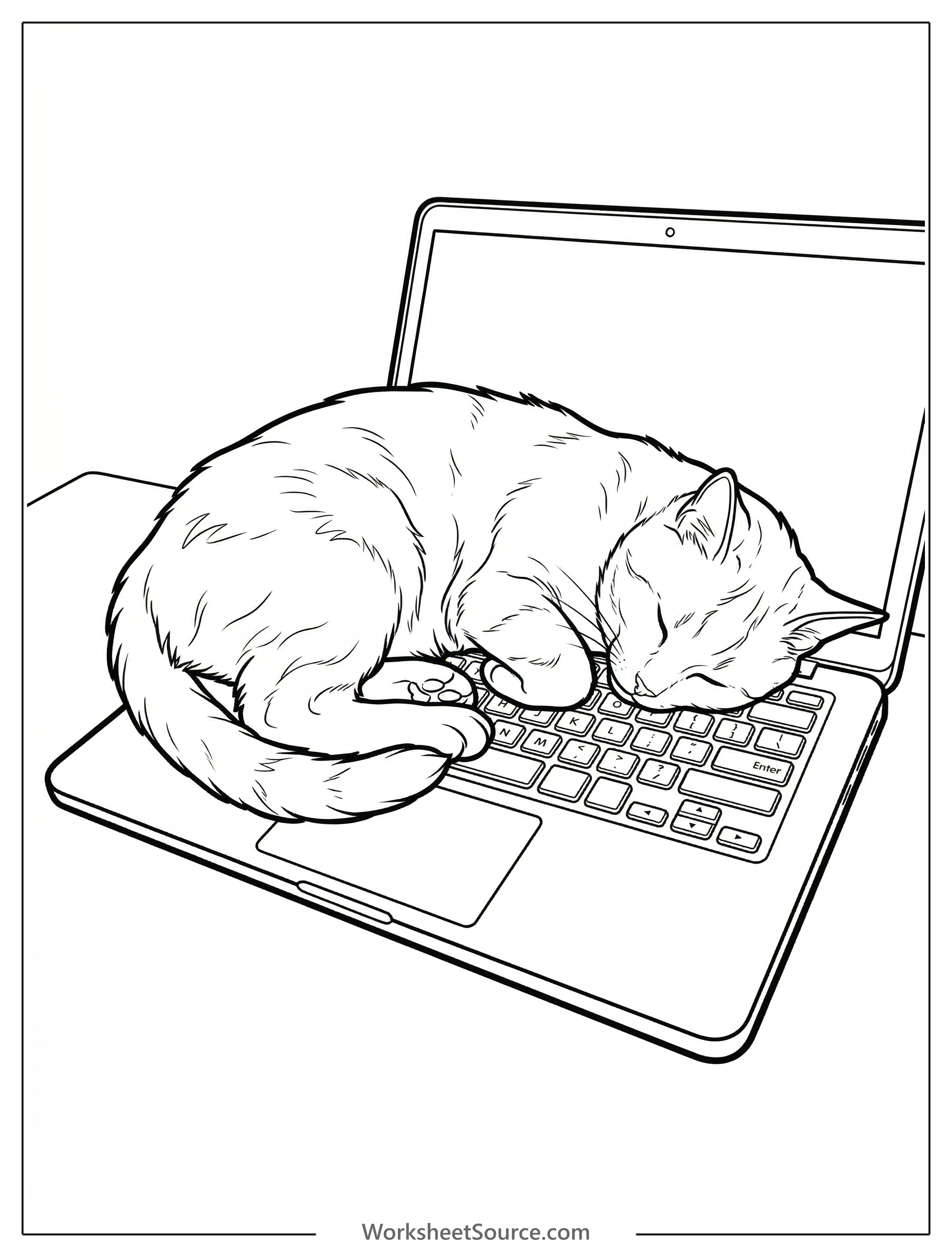 Line art illustration of a cozy cat sleeping peacefully on a laptop keyboard, depicting a serene lofi aesthetic scene, perfect for relaxation and mindful coloring.