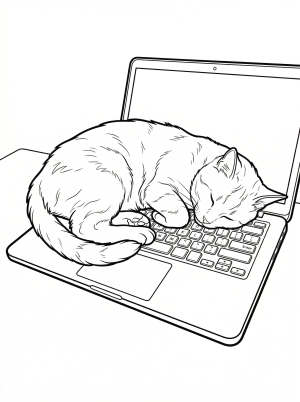 Line art illustration of a cozy cat sleeping peacefully on a laptop keyboard, depicting a serene lofi aesthetic scene, perfect for relaxation and mindful coloring.