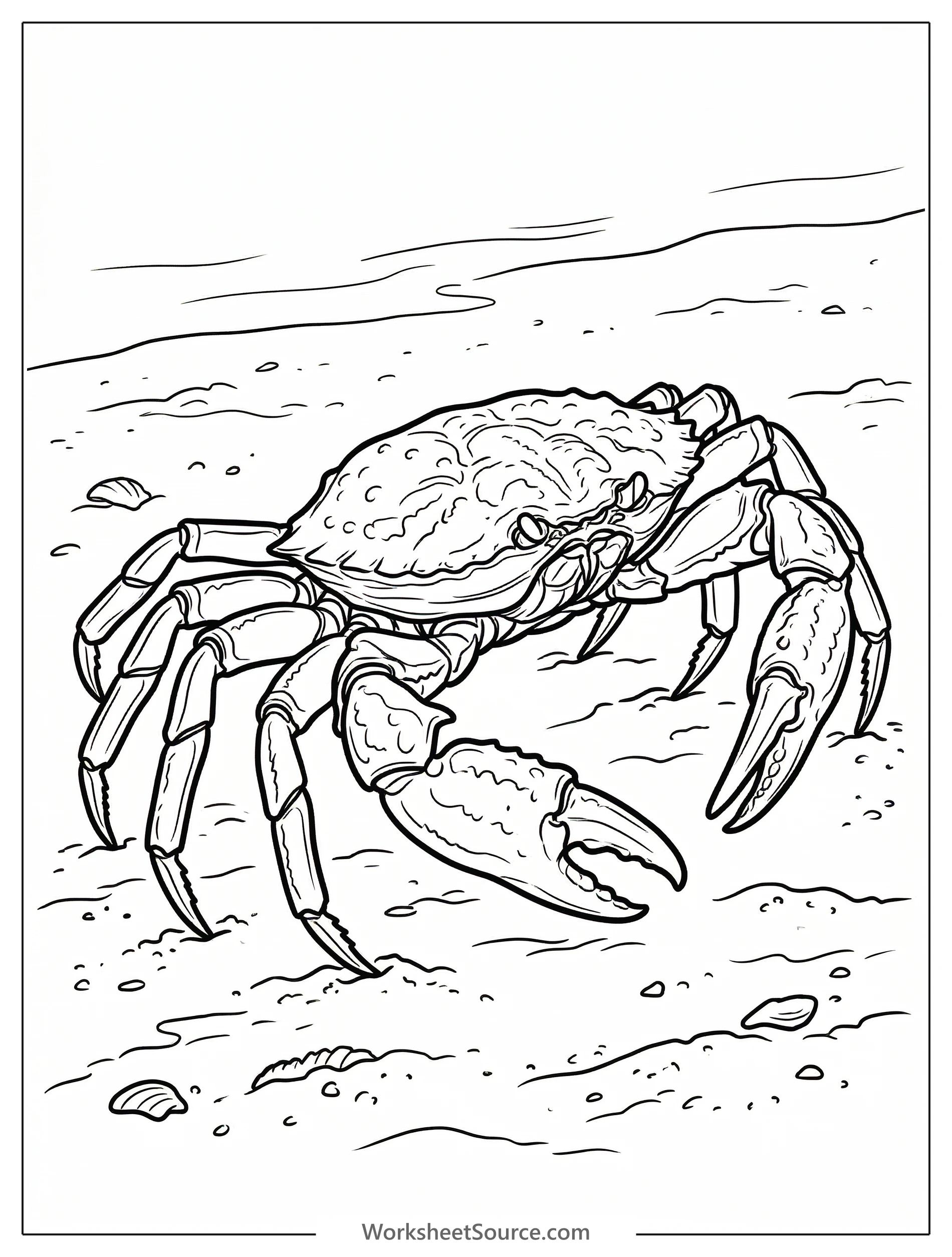 Line art illustration of a small, calm crab with distinct eyes and claws, resting peacefully on a textured sandy beach, presented in a minimalist lofi style.