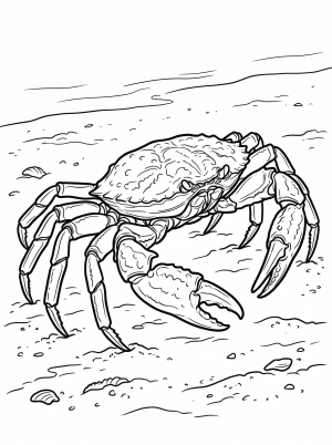 Line art illustration of a small, calm crab with distinct eyes and claws, resting peacefully on a textured sandy beach, presented in a minimalist lofi style.
