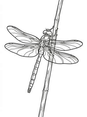 Detailed lofi aesthetic coloring page depicting a dragonfly with delicate wings resting serenely on a tall reed stem, surrounded by gentle abstract shapes.