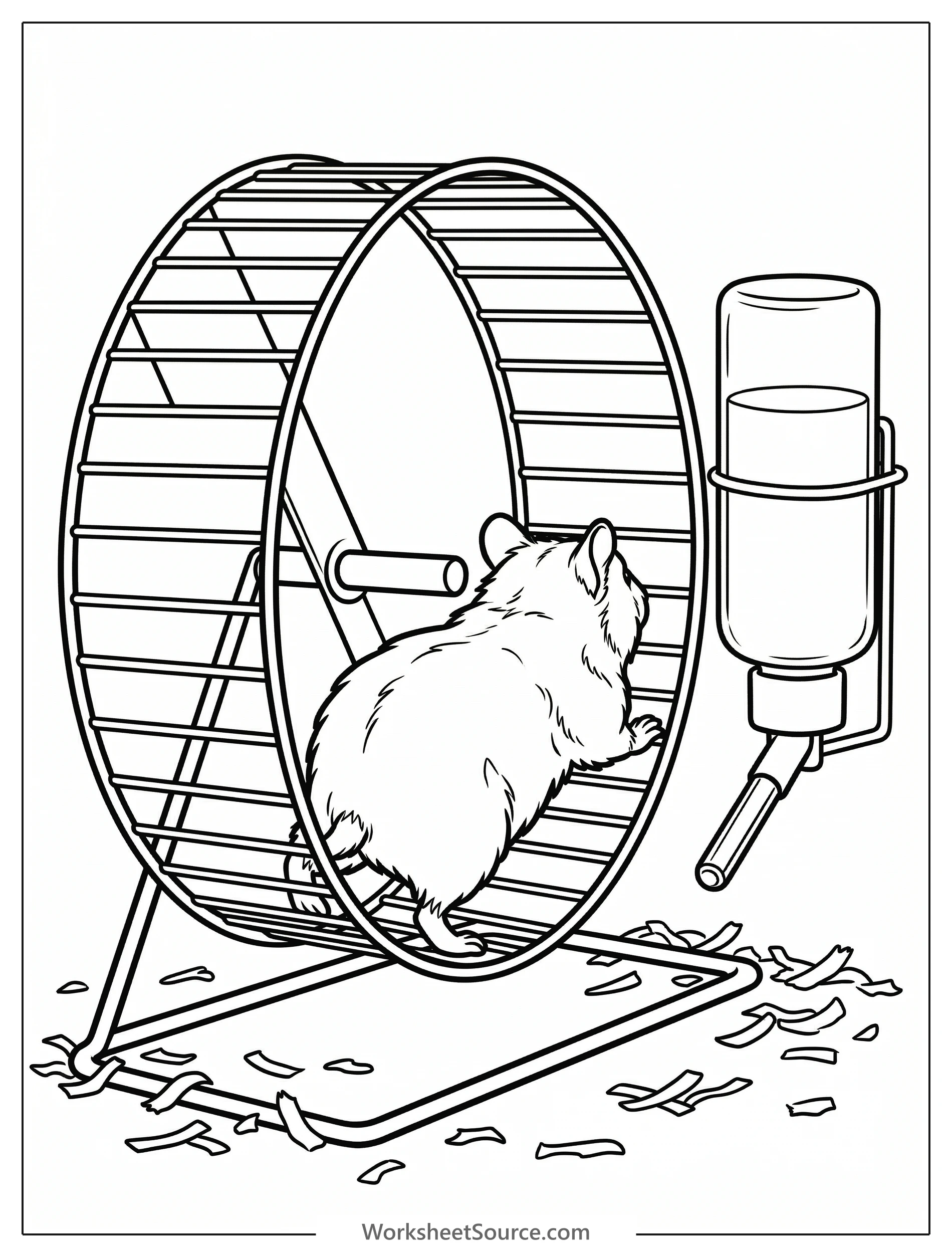 Lofi aesthetic coloring page featuring a hamster running intently in its wheel, with a water bottle nearby. Detailed linework for mindful coloring.