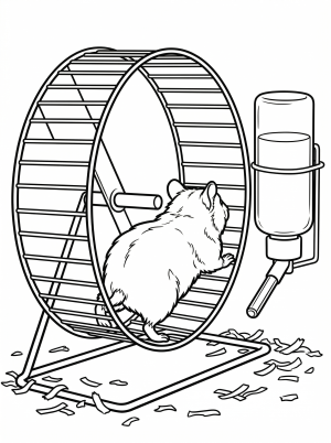 Lofi aesthetic coloring page featuring a hamster running intently in its wheel, with a water bottle nearby. Detailed linework for mindful coloring.
