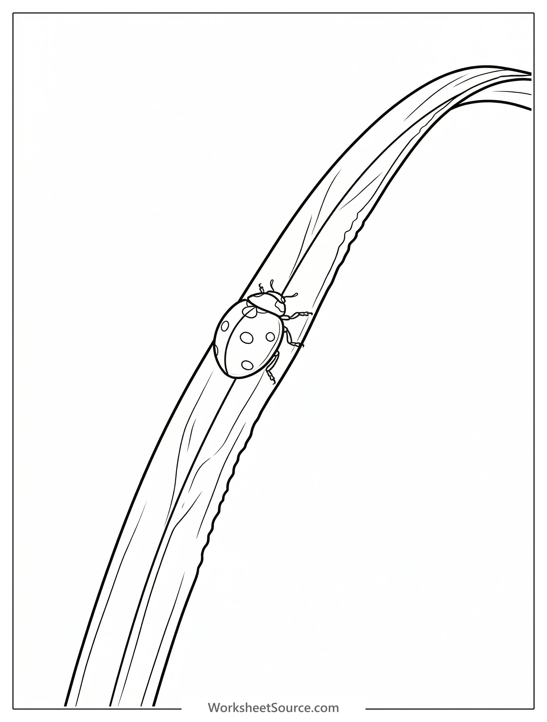 A charming lofi aesthetic coloring page featuring a tiny ladybug perched delicately on a single blade of grass, rendered with clean lines for detailed coloring.