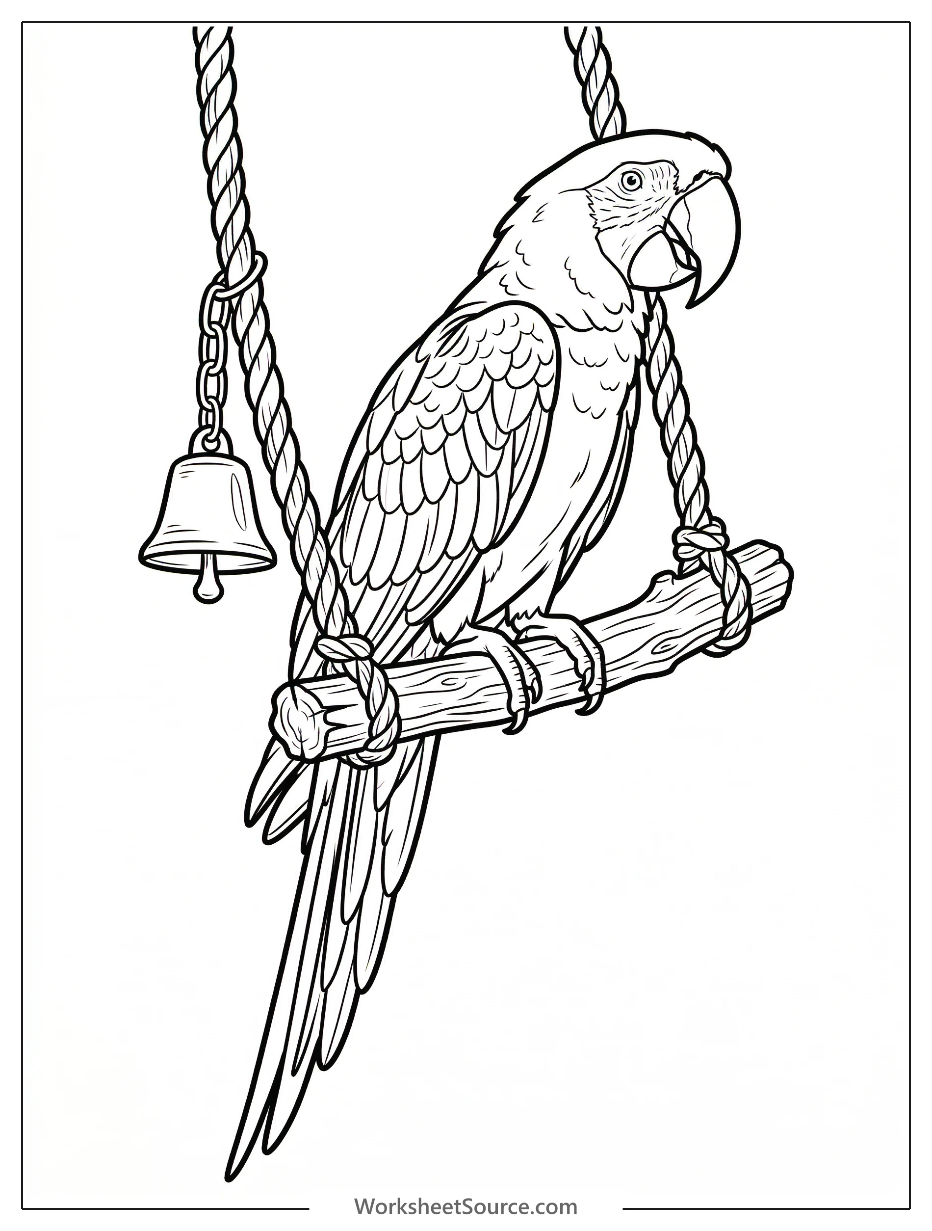 A colorful parrot with vibrant feathers perched on a wooden stand, interacting with a small bell toy, rendered in a soothing lofi aesthetic.