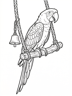 A colorful parrot with vibrant feathers perched on a wooden stand, interacting with a small bell toy, rendered in a soothing lofi aesthetic.