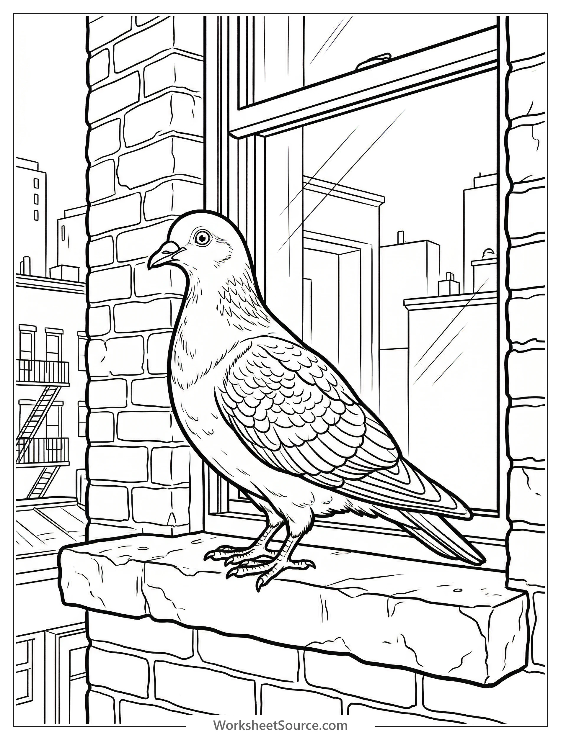 Detailed lofi aesthetic coloring page featuring a peaceful pigeon perched thoughtfully on a grimy city window ledge, overlooking an urban landscape.