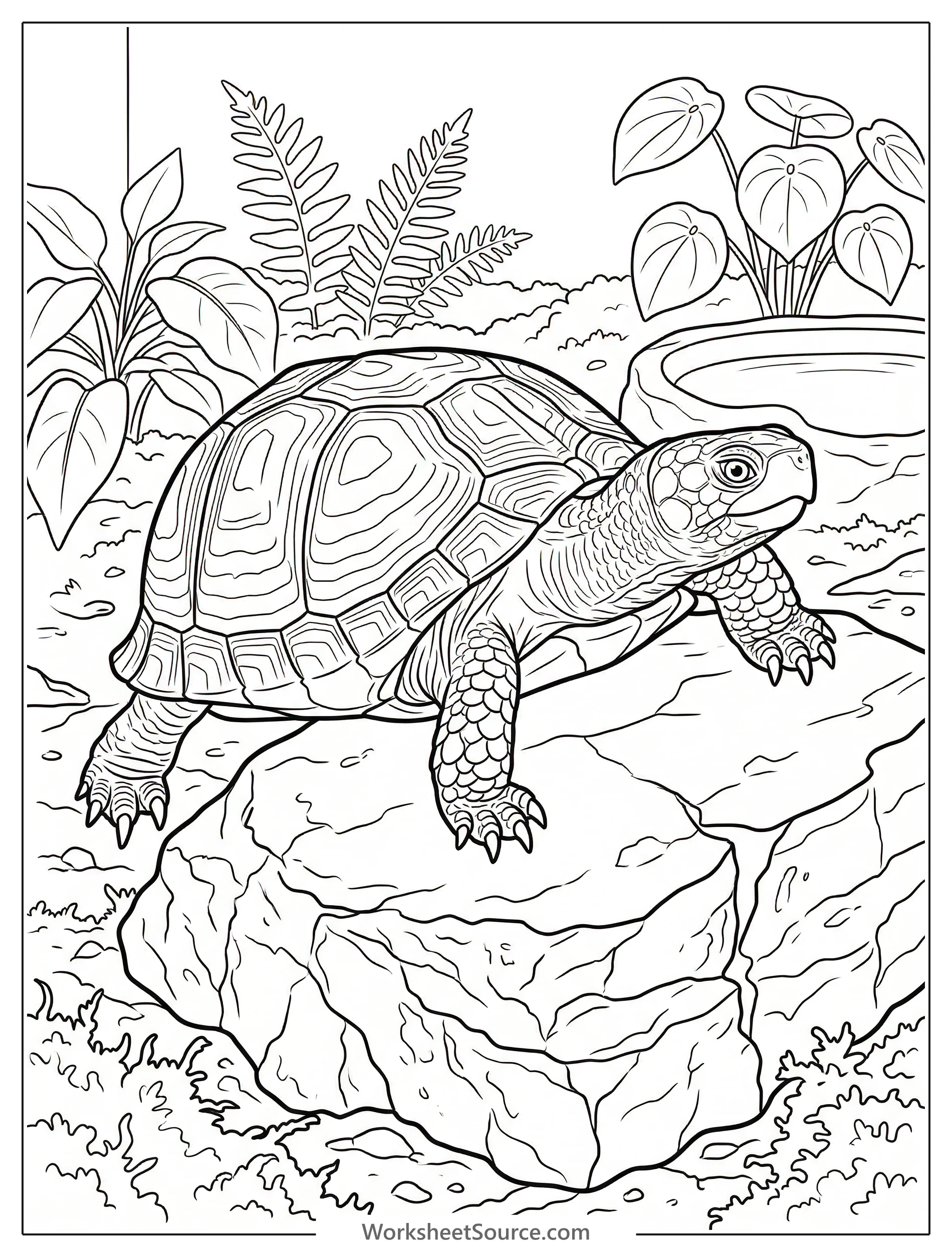 Slow moving turtle resting on a large rock inside a clear glass terrarium, depicted in a minimalist lofi aesthetic coloring page design.