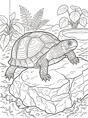 Slow moving turtle resting on a large rock inside a clear glass terrarium, depicted in a minimalist lofi aesthetic coloring page design.