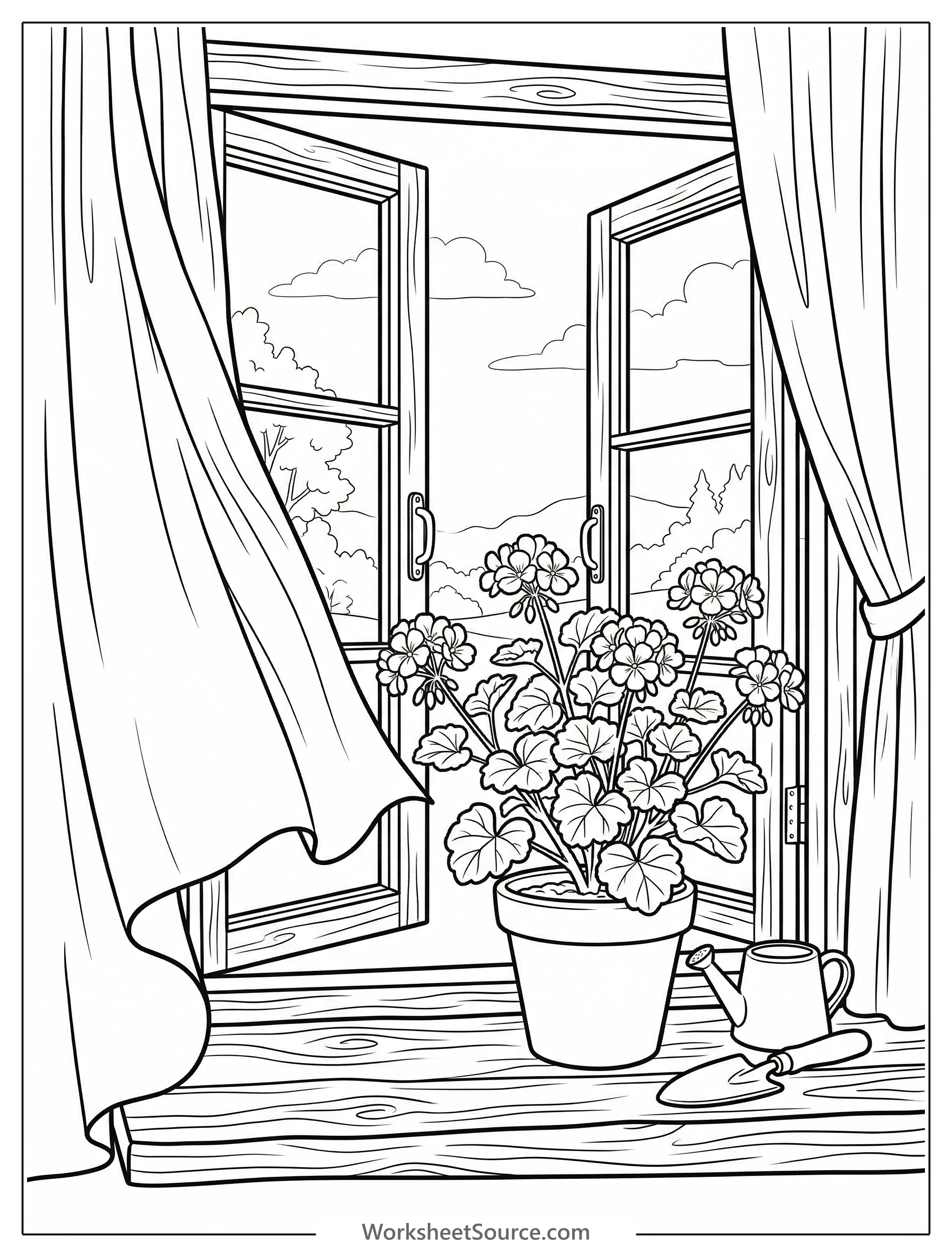 Lofi aesthetic coloring page featuring soft, translucent curtains billowing gently inwards through an open window, suggesting a peaceful, tranquil atmosphere.