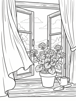 Lofi aesthetic coloring page featuring soft, translucent curtains billowing gently inwards through an open window, suggesting a peaceful, tranquil atmosphere.