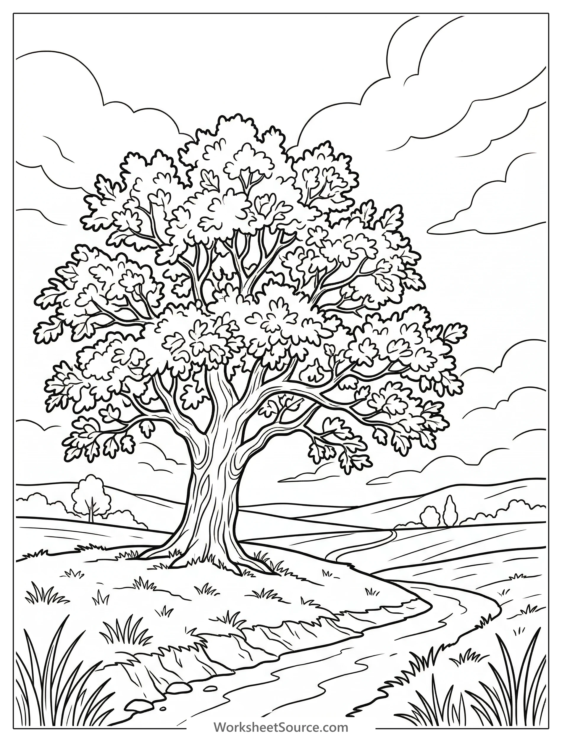 A lofi aesthetic coloring page depicting diffuse light filtering through thick, layered clouds over a vast, open field, evoking a sense of calm and introspection.