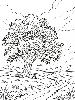 A lofi aesthetic coloring page depicting diffuse light filtering through thick, layered clouds over a vast, open field, evoking a sense of calm and introspection.