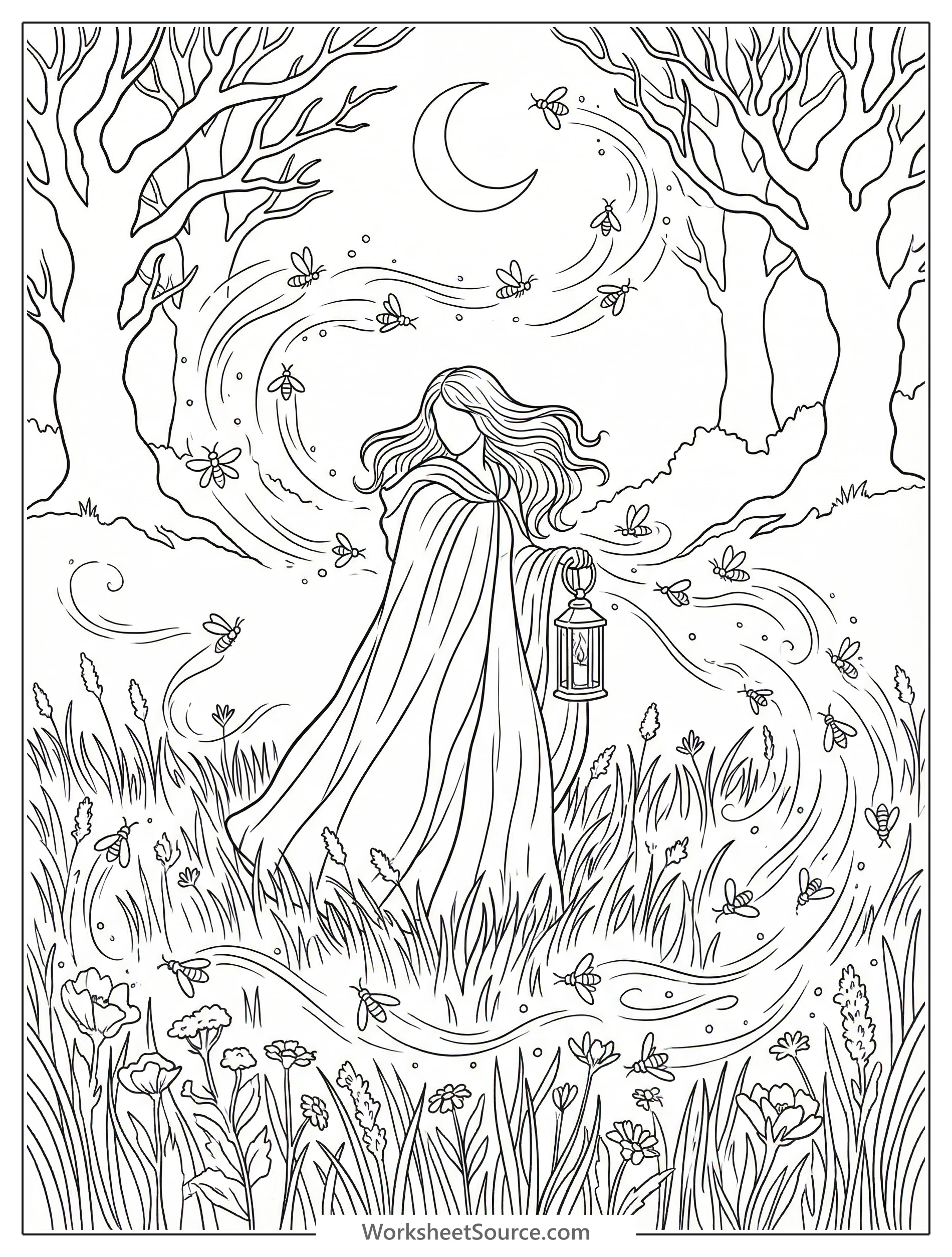 Coloring page depicting a single main subject in a dark meadow at night, surrounded by a swarm of glowing fireflies, capturing a lofi aesthetic.