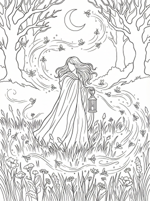 Coloring page depicting a single main subject in a dark meadow at night, surrounded by a swarm of glowing fireflies, capturing a lofi aesthetic.