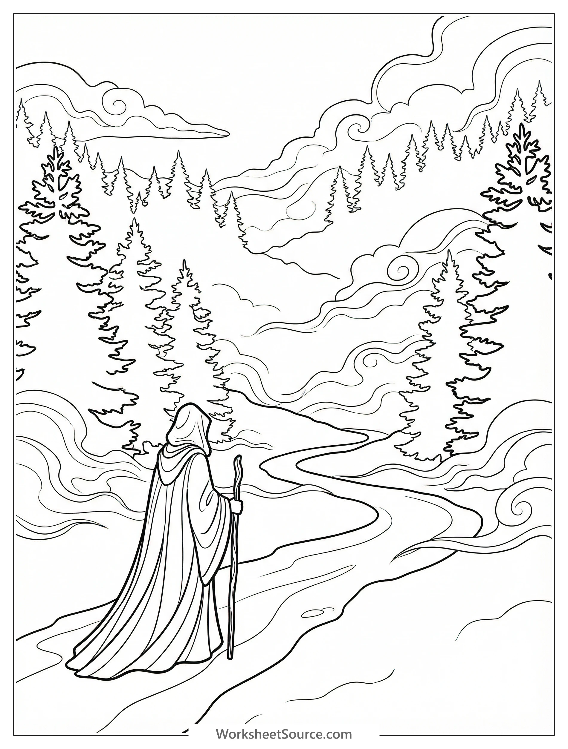 A lofi aesthetic coloring page depicting a misty landscape with several silhouetted trees and a solitary path winding into the fog.