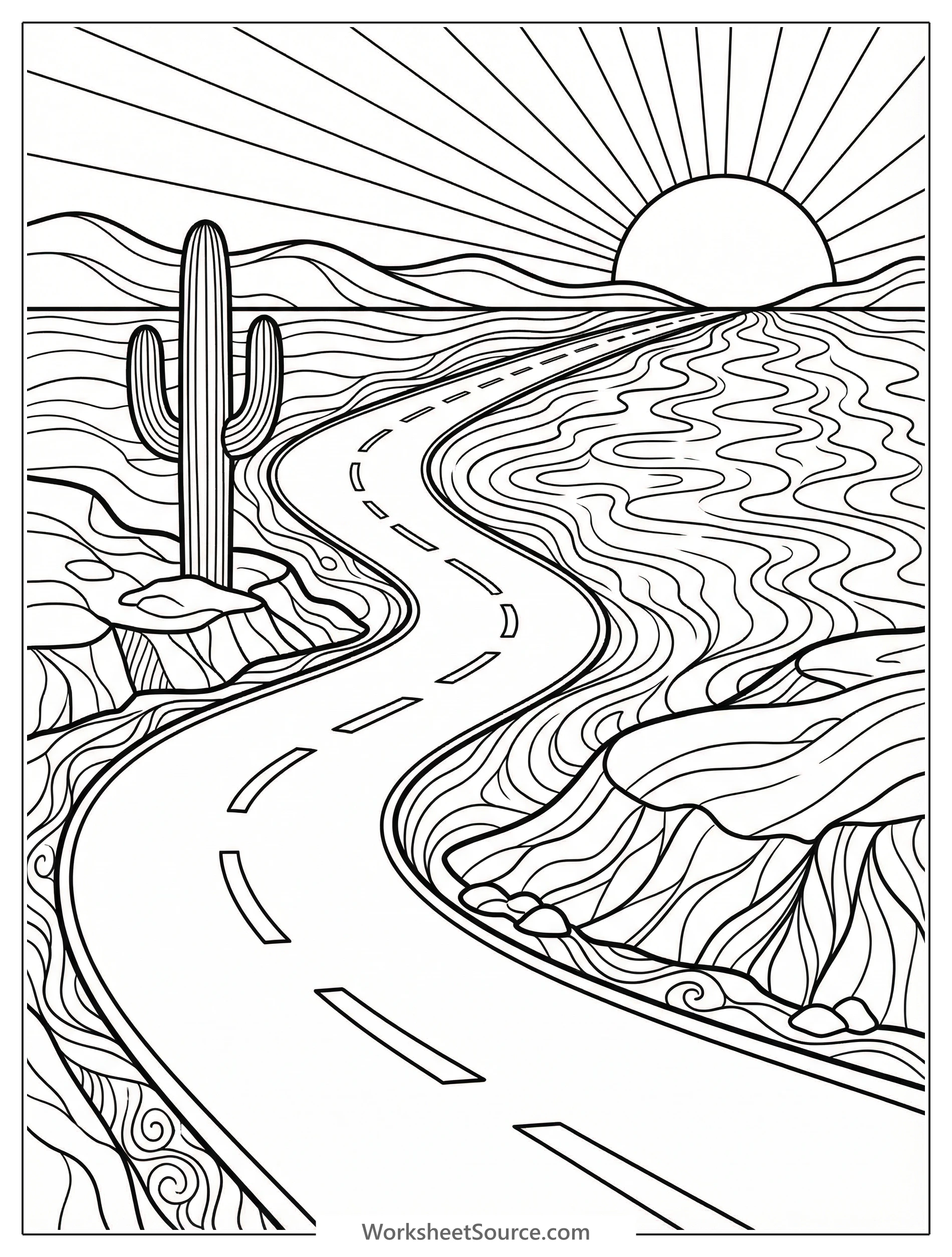 A lofi aesthetic coloring page depicting a long, empty road stretching into the distance with prominent wavy heat lines shimmering above the asphalt on a summer day.