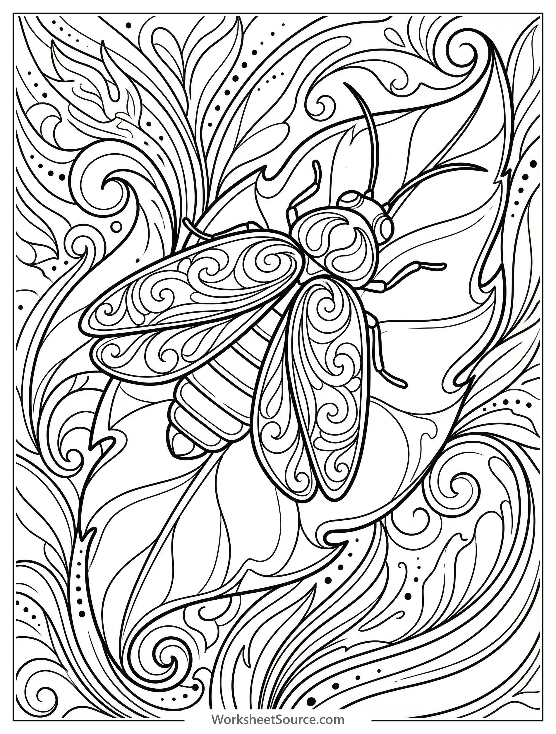 Macro view of a luminous lightning bug resting gently on a detailed leaf, rendered in a serene lofi aesthetic style, ideal for intricate coloring.