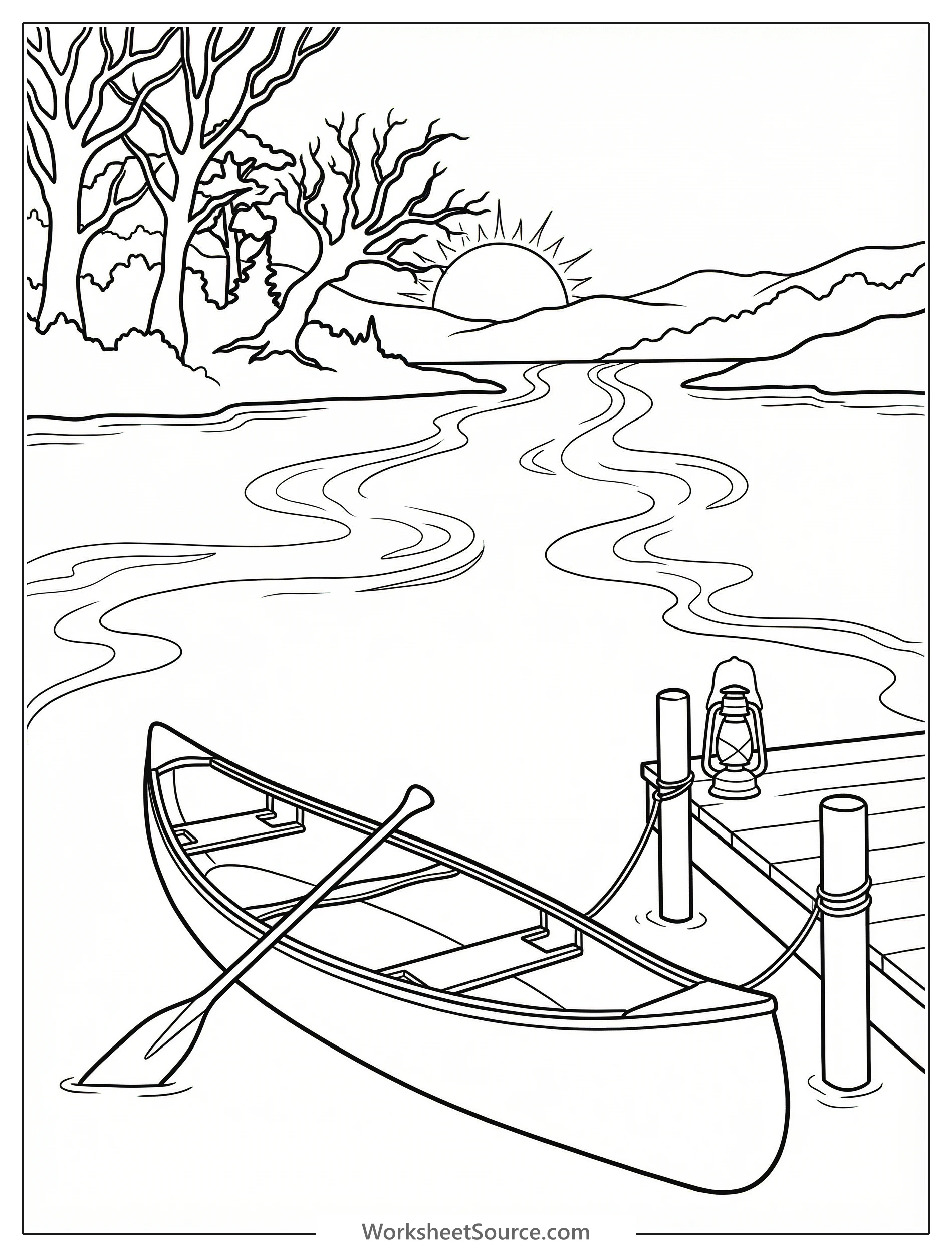 Line art coloring page depicting a tranquil, still lake with gentle mist rising into the early morning sky. A serene lofi aesthetic nature scene.