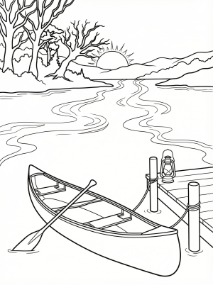 Line art coloring page depicting a tranquil, still lake with gentle mist rising into the early morning sky. A serene lofi aesthetic nature scene.