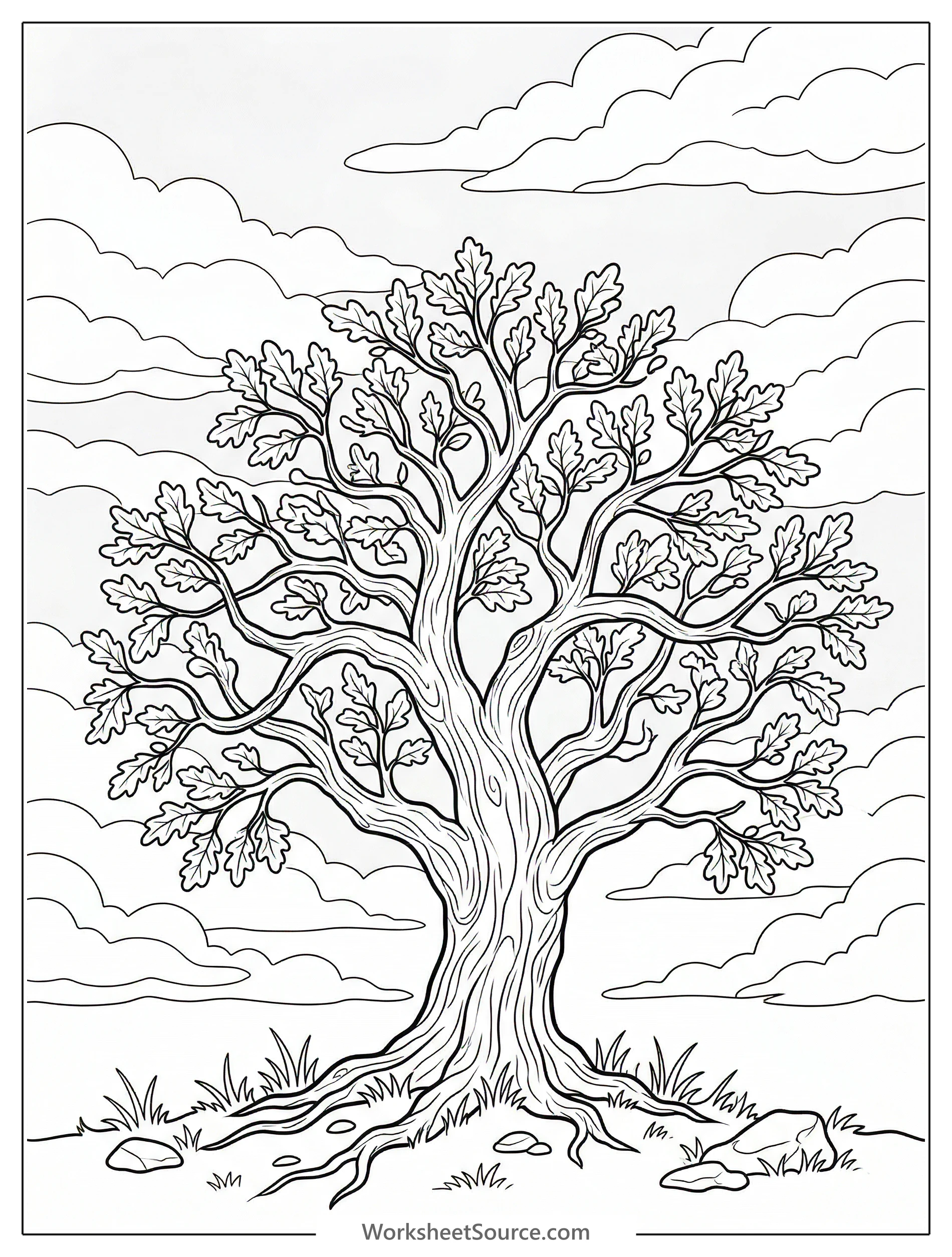 A detailed grayscale coloring page featuring a soft gray overcast sky with multiple layers of atmospheric clouds, rendered in a lofi aesthetic style.