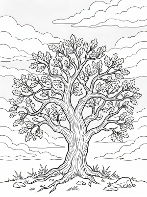 A detailed grayscale coloring page featuring a soft gray overcast sky with multiple layers of atmospheric clouds, rendered in a lofi aesthetic style.