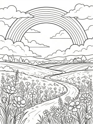 Coloring page depicting a gentle, faint rainbow arching over a peaceful field after a rain shower, drawn in a lofi aesthetic style.