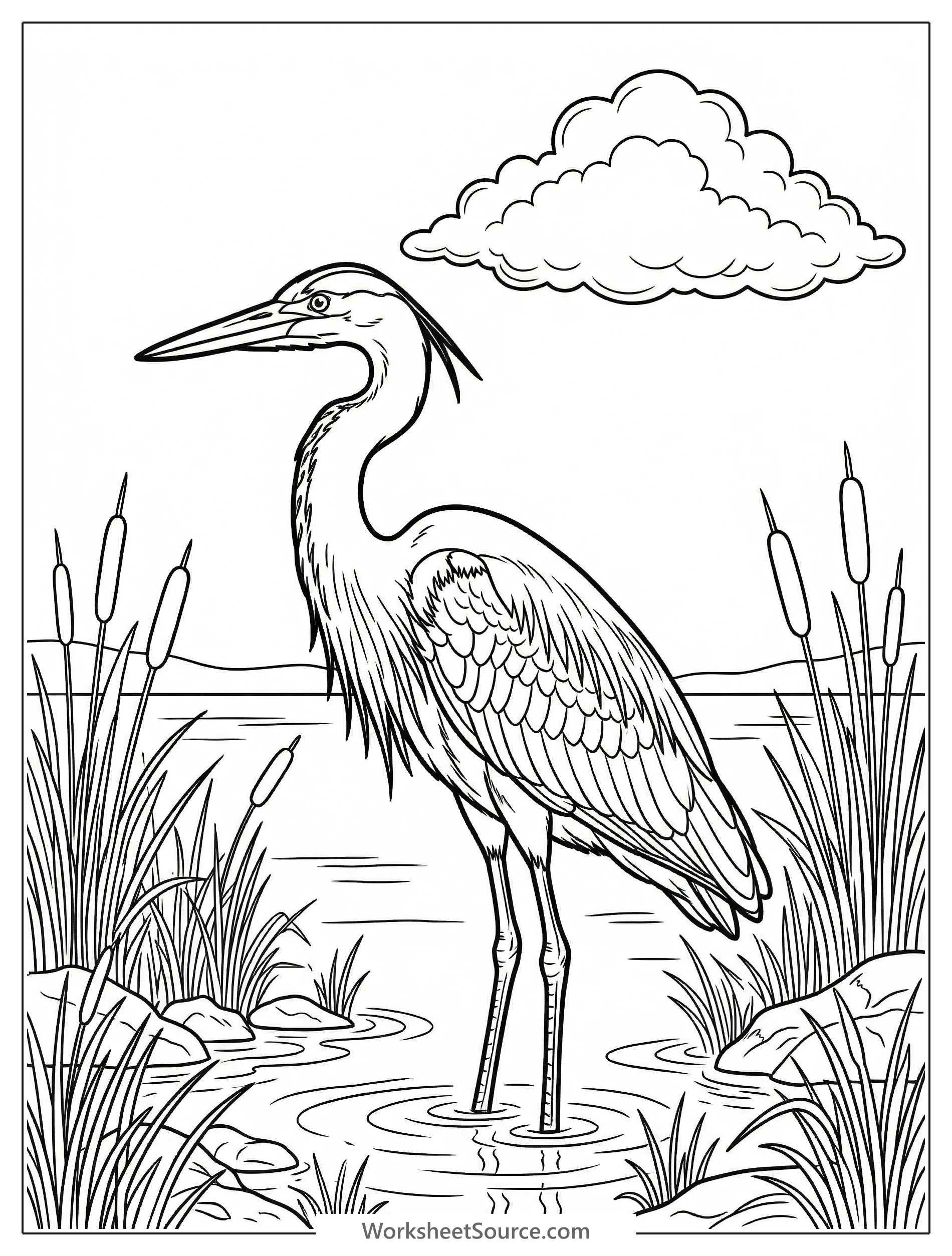 A single large, fluffy, cumulus cloud floats gracefully in an expansive, clear sky, presented as a high-quality line art coloring page.