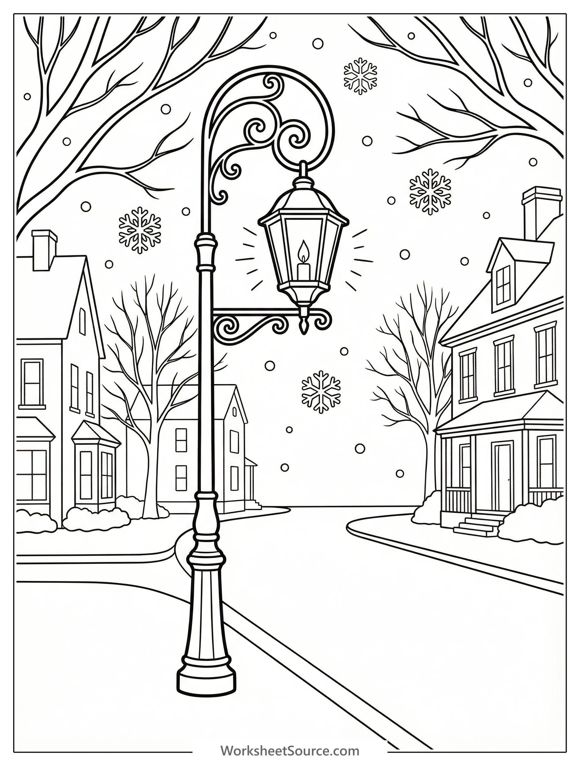 A lone figure with an umbrella stands under a glowing streetlight as snow gently falls in a quiet, lofi aesthetic neighborhood scene.